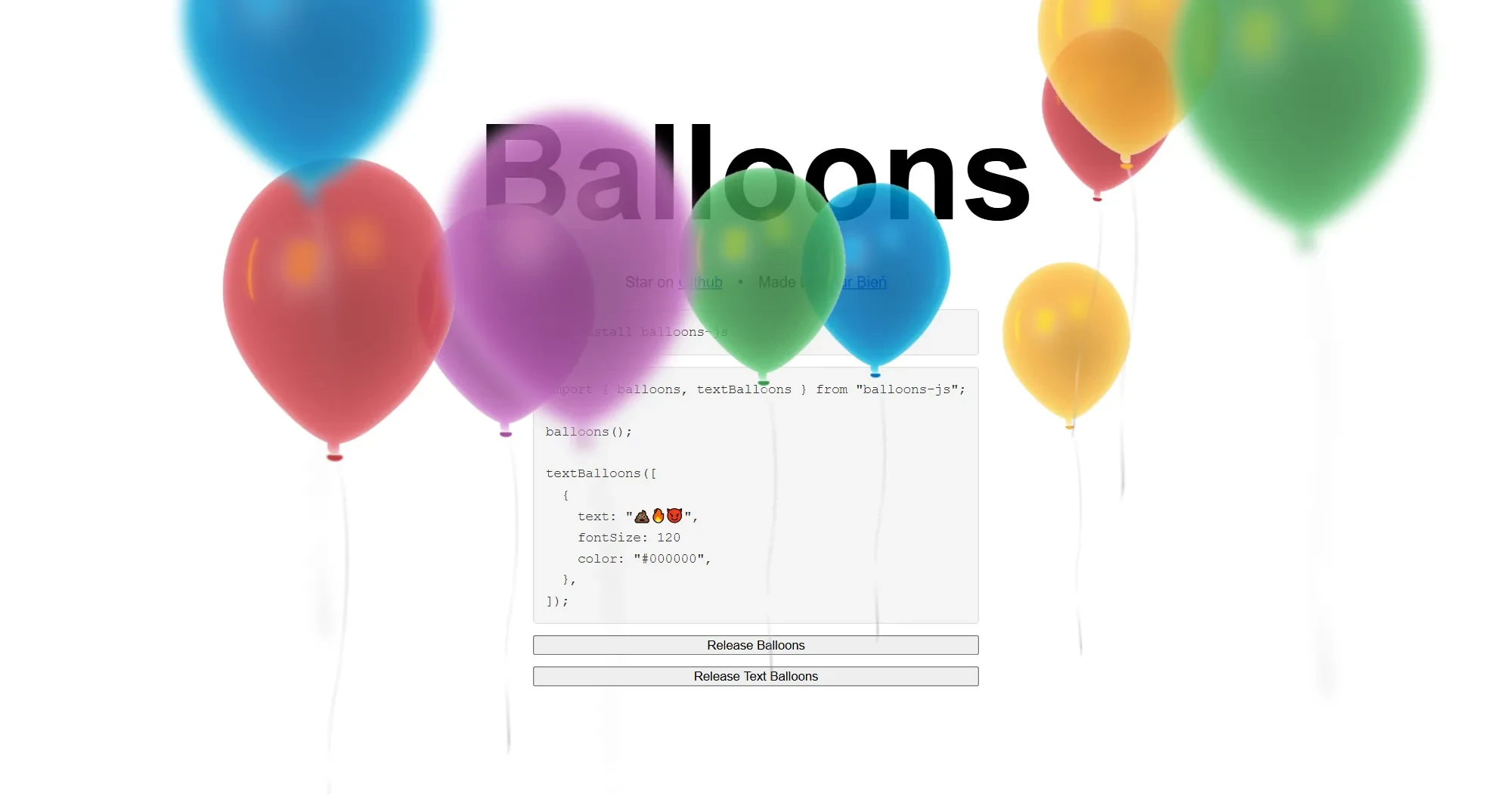 Screenshot of the balloons-js site