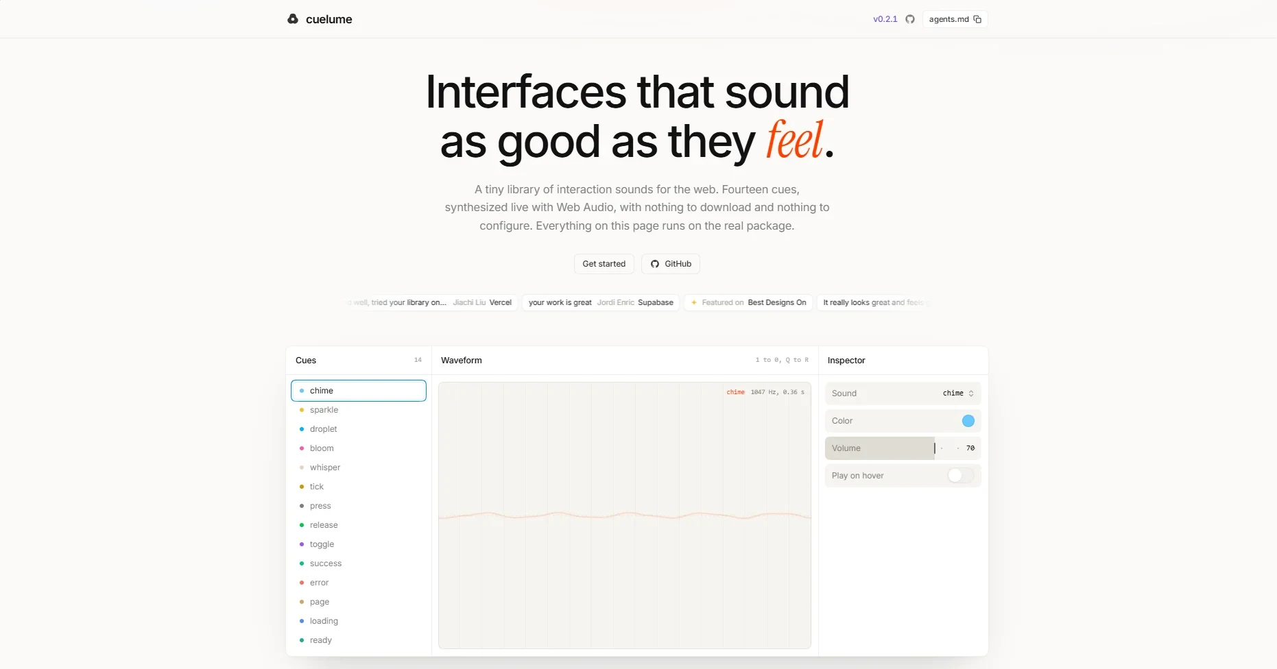 Screenshot of the Cuelume site