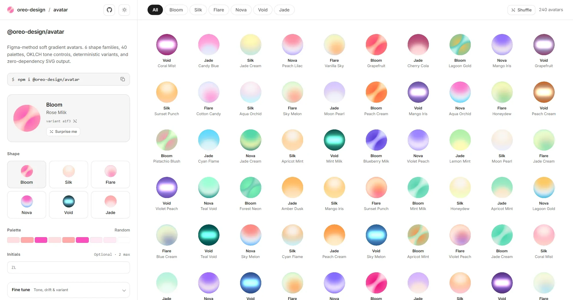 Screenshot of the @oreo-design/avatar site