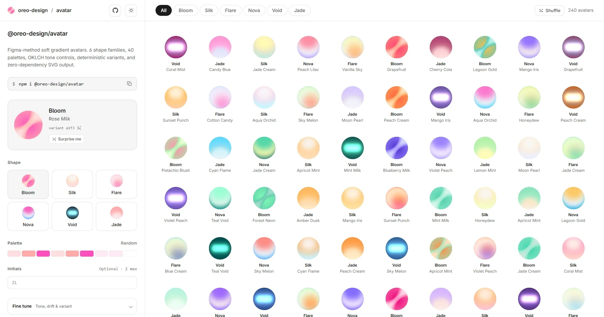 Screenshot of the @oreo-design/avatar site