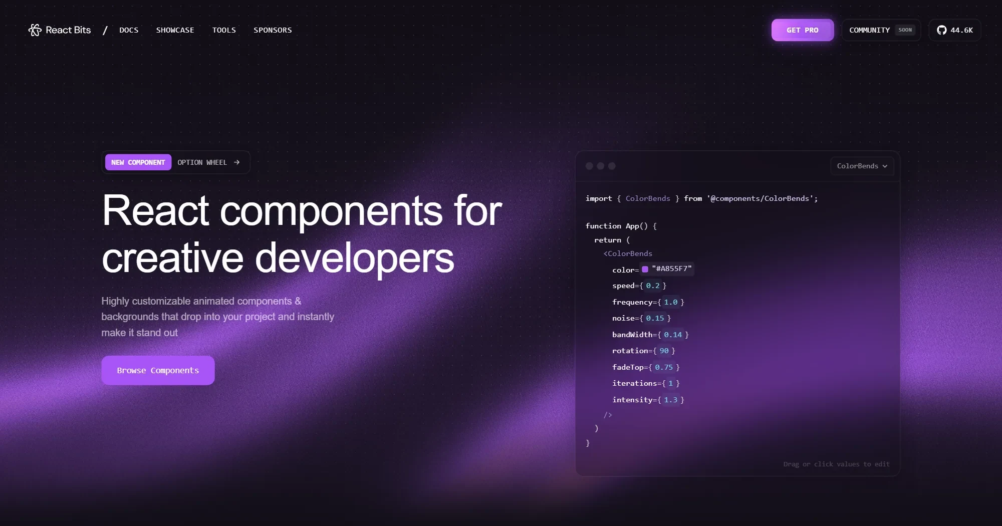 Screenshot of the React Bits site