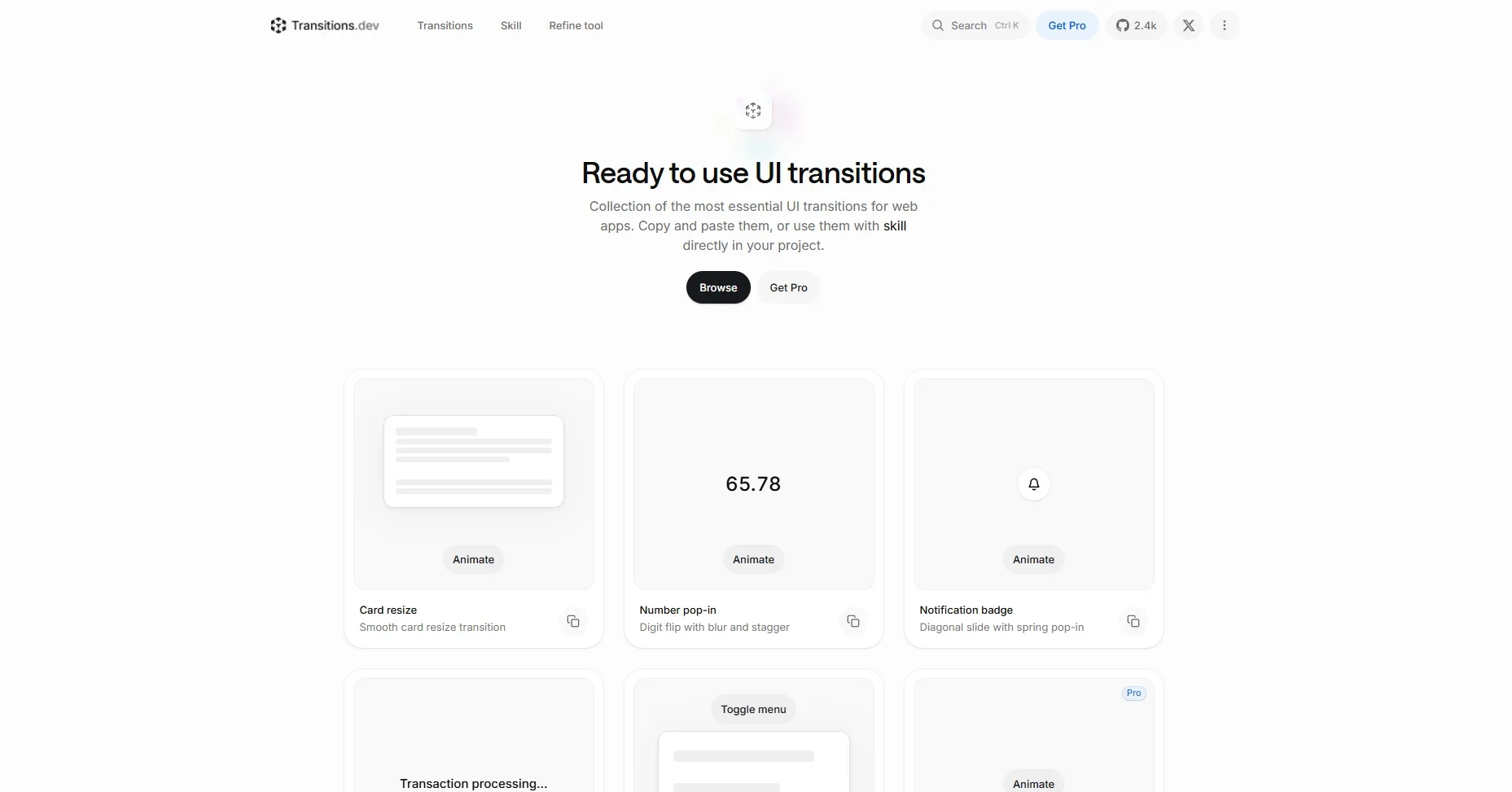 Screenshot of the Transitions site